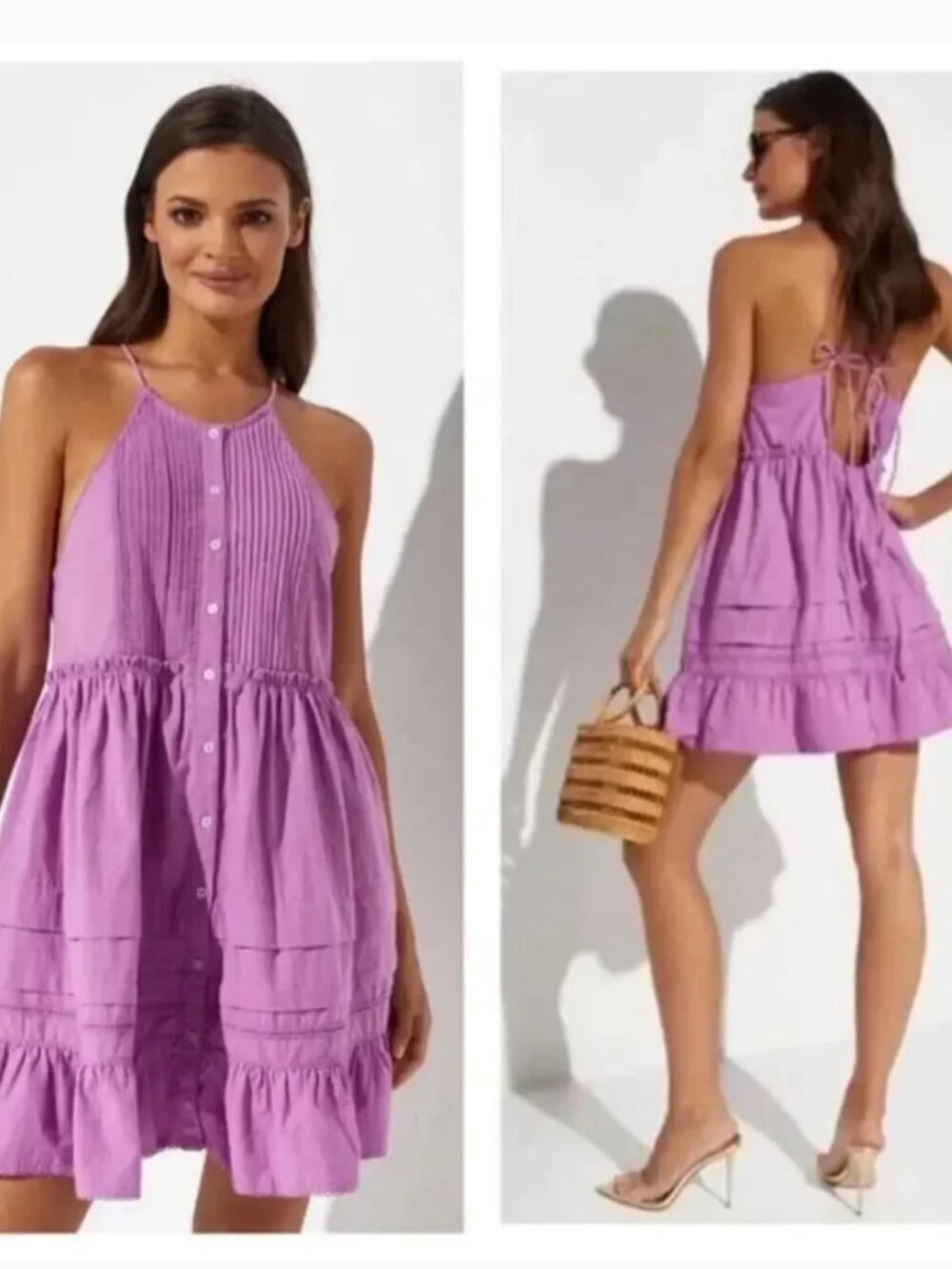 Free People Desert Days Dress Halter Mini Open Tie Bow Back Tiered Purple XL